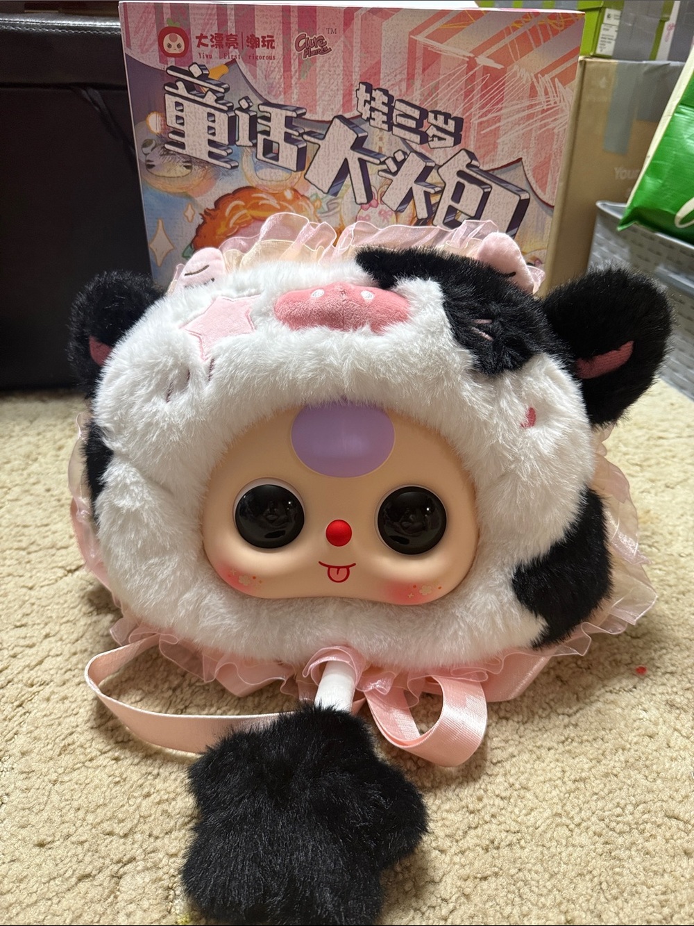 Baby Three Cow-Inspired Toy Backpack in White & Black with Pink Accents